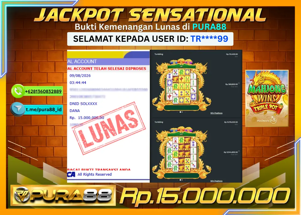 PURA88 JACKPOT MAHJONG WINS TRIPLE POT Rp 15.000.000,- LUNAS